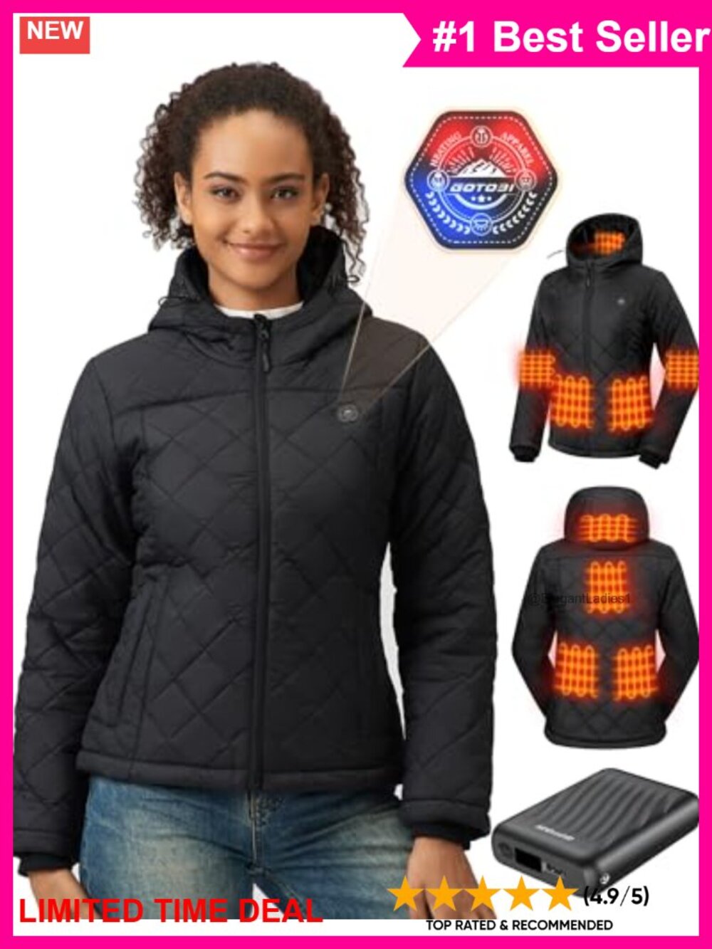 Quilted Heated Jacket 12V Battery Pack 8 Zones Lightweight Hooded Winter Coat